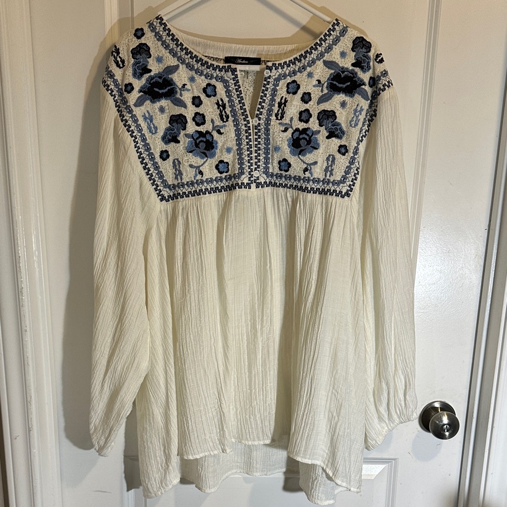 BOHO Embroidered Cream and Blue Women's Top